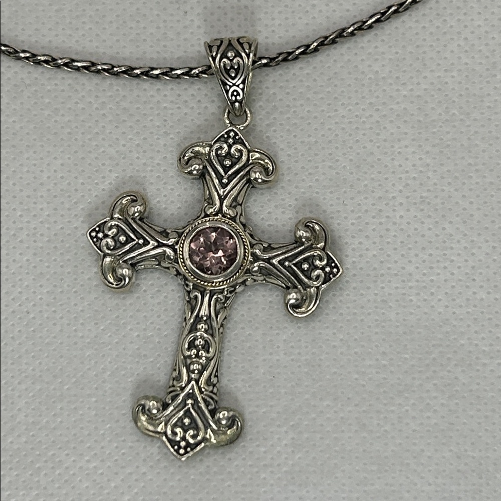NWT Genuine Morganite Gemstone Sterling Silver Cross Necklace Designer Samuel B